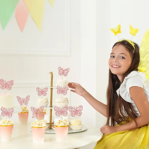 Vista 4 de Gyufise 36 adornos de mariposa de oro rosa con purpurina para cupcakes, arte hueco en 3D, decoración para cupcakes temáticos de mariposa, baby