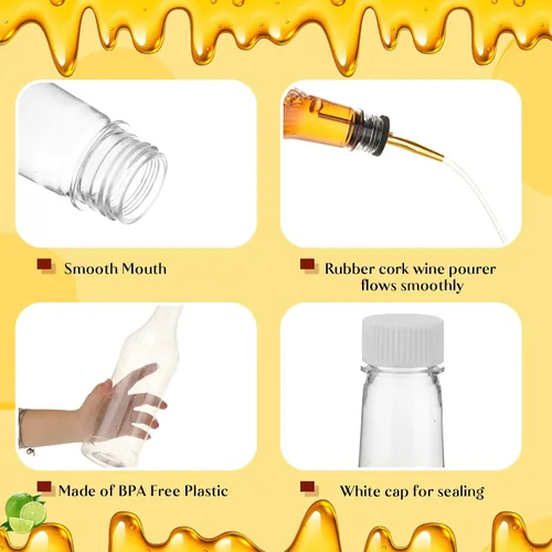 Vista 4 de Dandat 20 botellas de plástico de cuello largo de 32 onzas con vertedor y tapas, botellas de plástico para verter jugos con vertedor de acero Dorado