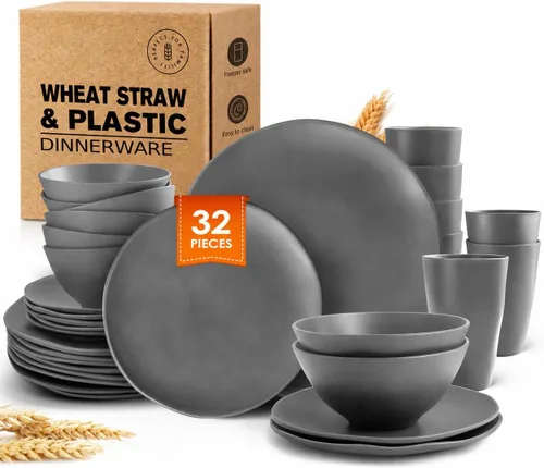 Vista 16 de Teivio Juego de vajilla de plástico de paja de trigo de 32 piezas para cocina, servicio para 8, platos, cuencos y tazas irrompibles, vajilla