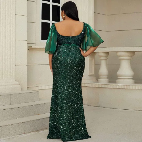 Vista 3 de Lin Lin Q Vestido largo formal de fiesta con cuello en V y lentejuelas para mujer, talla grande, vestido de tul de manga corta