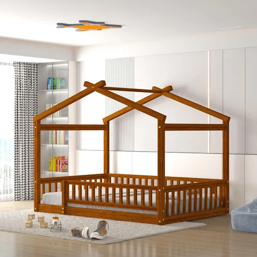 Vista 12 de Cama con dosel con valla, moderna cama de plataforma de madera maciza con cabecera y soporte de listones, moderna cama con paneles de 4 carteles Gris