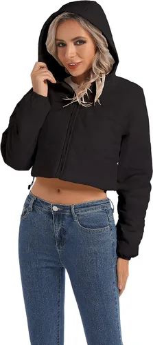 Vista 4 de Chaqueta acolchada recortada con capucha para mujer, de manga larga, ligera, para exteriores
