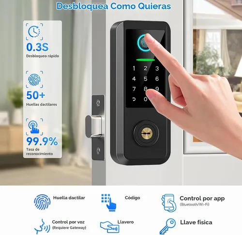 Vista 2 de Cerradura inteligente para puerta de entrada sin llave con asa, cerrojo Bluetooth para puerta delantera con huella digital, control de aplicación