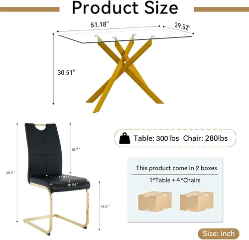 Vista 3 de Juego de mesa de comedor de cristal para 4, juego de mesa de cocina moderno de 5 piezas 52''Rectangular Glass Dining Set with 4 PU Leather