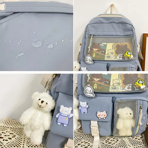Vista 5 de Linda mochila con lindos accesorios de alfiler colgante de felpa para mochila escolar mochila estudiante niña, Rosado, Mochilas de mochila