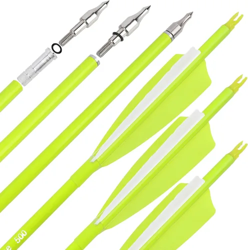Vista 8 de Flechas de carbono de 31 pulgadas, flechas de caza de tiro con arco de color fluorescencia, 500 600 espina dorsal con plumas, flechas de práctica