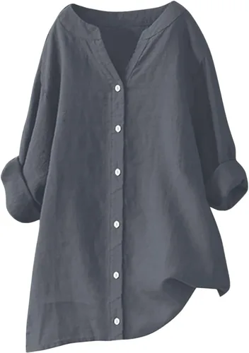 Vista 10 de Camisas de algodón y lino con botones para mujer, cuello en V, manga larga, blusas elegantes y casuales