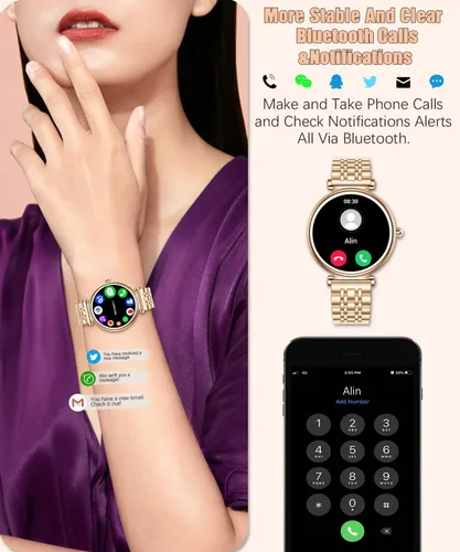 Vista 2 de Reloj para mujer, pantalla AMOLED HD de 1.25 pulgadas, reloj inteligente para mujer, rastreador de actividad física con monitor de frecuencia Dorado