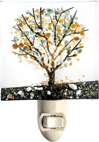 Vista 2 de J Devlin NTL 159-1. Luz nocturna de vidrio fusionado con forma de árbol. Handcrafted fused glass Autumn tree design Warm ambient glow Plug-in with