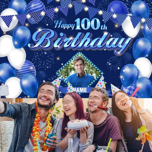 Vista 6 de Dicodes Fondo de decoración de feliz cumpleaños número 100 color azul marino personalizado, cartel con purpurina, pancarta, suministros