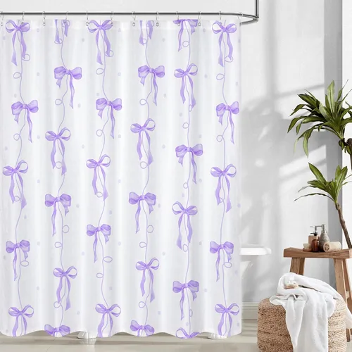 Vista 14 de Cortina de ducha con lazo negro, bonita cortina de ducha coqueta estética para adolescentes y niñas, decoración de tela impermeable con 12 ganchos