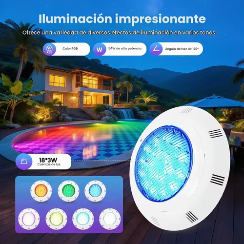 Vista 5 de 12V 54W Luz de piscina subacuática con cambio de color LED RGB IP68 con control remoto (54W)