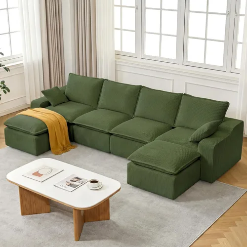Vista 11 de Sofá seccional de pana sin hueso de 107 pulgadas para sala de estar, sofá modular con diván en forma de L, moderno sofá modular con asiento profundo