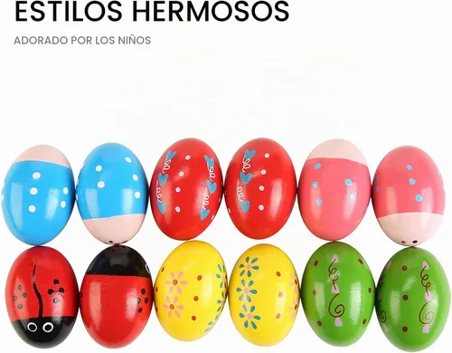 Vista 2 de 12 piezas de maracas de huevo de madera, instrumentos de percusión musicales de mano Multicolor 12 piezas