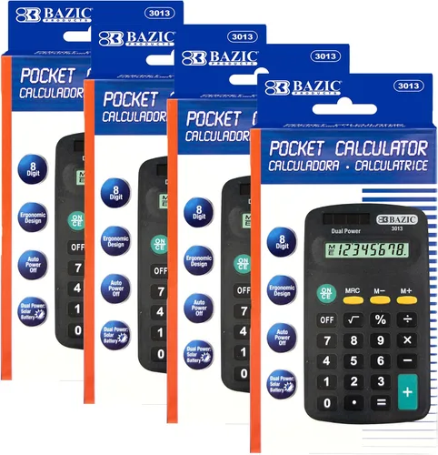 Vista 8 de BAZIC Products Calculadora de bolsillo de 8 dígitos, color negro Potencia dual
