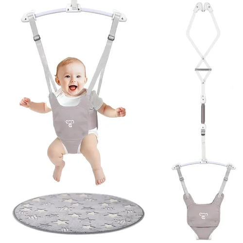 Vista 10 de Baby Jumper, Baby Jumper Doorway with Adjustable Strap, Easy to Assemble, with a Soft Rug (Grey) (Black)