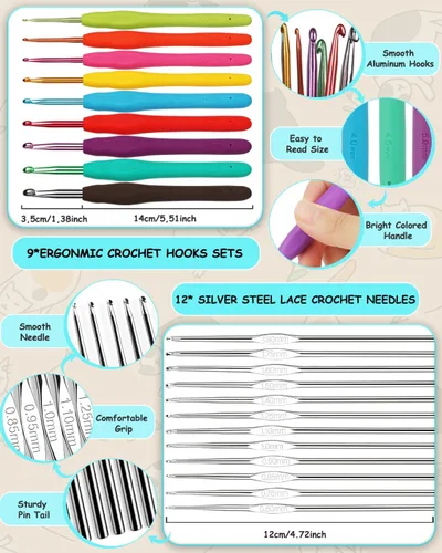 Vista 4 de Aeelike Kit de ganchillo con bolsa para viajes, kit fácil de aprender a ganchillo para principiantes de todas las edades, el kit de inicio