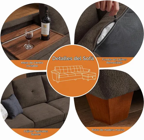 Vista 5 de Sofás seccionales de 4 asientos para sala de estar, dormitorio, oficina con almacenamiento, sofá modular convertible en forma de L con otomana y Café