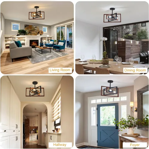 Vista 7 de Lámpara de techo de granja de 3 luces, lámpara de techo industrial de metal semiempotrado para comedor, cocina, entrada, pasillo, acabado