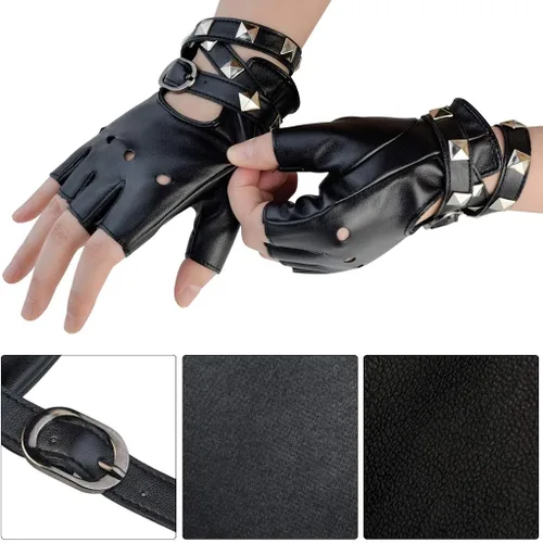 Vista 3 de Guantes de piel sintética con remaches punk, de medio dedo, sin dedos, para mujer