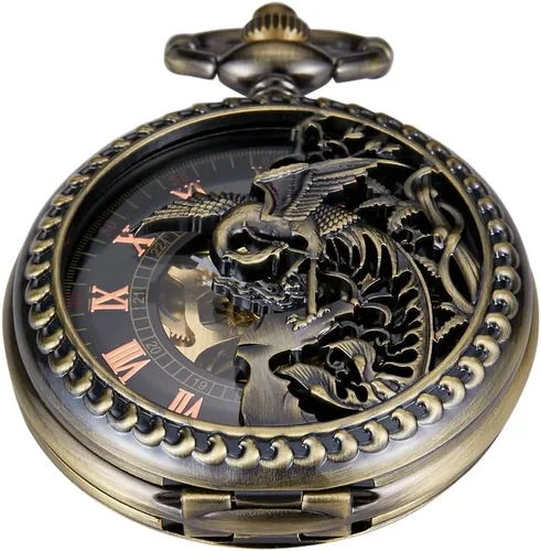 Vista 14 de Bronze Retro Mechanical Pocket Watch Skeleton Roman Numerals Hollow Mechanical Pocket Watches with Box M100