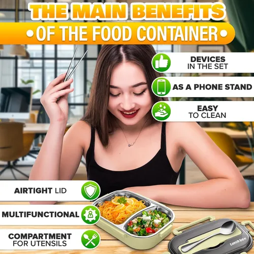 Vista 4 de Contenedor de almuerzo con retención de comida caliente, contenedor de almuerzo de oficina con compartimentos, acero inoxidable y plástico duradero