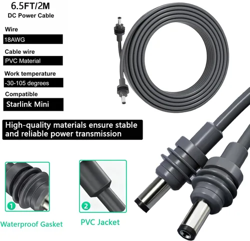 Vista 6 de Starlink Mini Cable de 6.5 pies - Cable de alimentación CC de repuesto impermeable premium para Starlink Mini con conector de barril, gris de grado