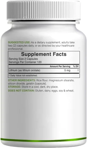 Vista 6 de Orotato de litio de 5 mg, 240 cápsulas – Suplementos de litio altamente biodisponibles y estables – Sal mineral de fácil absorción en forma suave