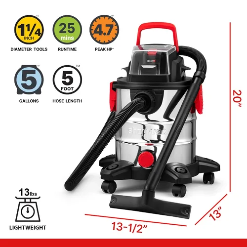 Vista 3 de Shop-Vac Aspiradora Inalámbrica Húmeda/Seca de 20V, 5 Galones, 4.7 CV Pico, Succión Fuerte de 10kPa y Soplador, Aspiradora de Taller Portátil