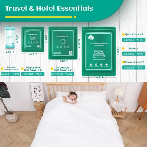 Vista 17 de Sábanas desechables para hotel, artículos esenciales de viaje con 2 toallas de baño desechables, 2 toallas faciales desechables y 4 piezas