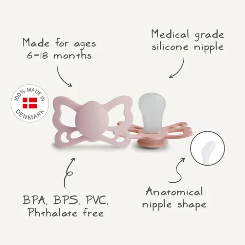 Vista 3 de FRIGG Butterfly Anatomical SilkySoft - Chupete de silicona para bebé, fabricado en Dinamarca, sin BPA (rubor/cedro, 6-18 meses)