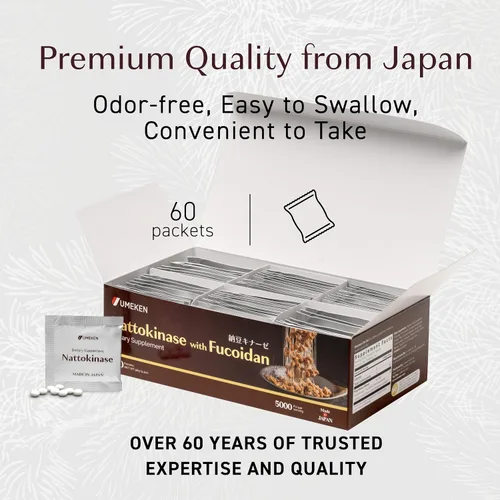 Vista 5 de Umeken Nattokinase Plus Fucoidan, suplemento de nattoquinasa, 5000FU nato, sin olor, fácil de tomar, fucoidan de Okinawa, suplemento japonés, 60
