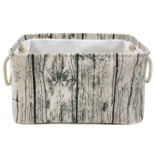 Vista 6 de Elegante cesta de almacenamiento rectangular de grano de madera con diseño de tocón de árbol, cesta de almacenamiento de tela de algodón lavable