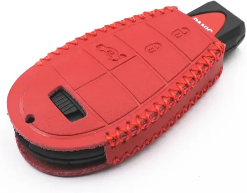 Vista 4 de Funda de cuero inteligente con 4 botones para llavero Chrysler 300 Dodge Durango Challenger Journey Charger Grand Caravan (rojo), Rojo