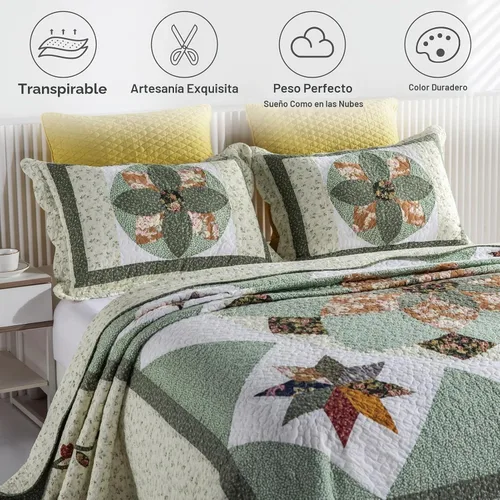 Vista 3 de YAYIDAY Edredón tamaño Queen, juego de colcha acolchada de retazos - 100% algodón reversible transpirable, estampado geométrico verde tierra