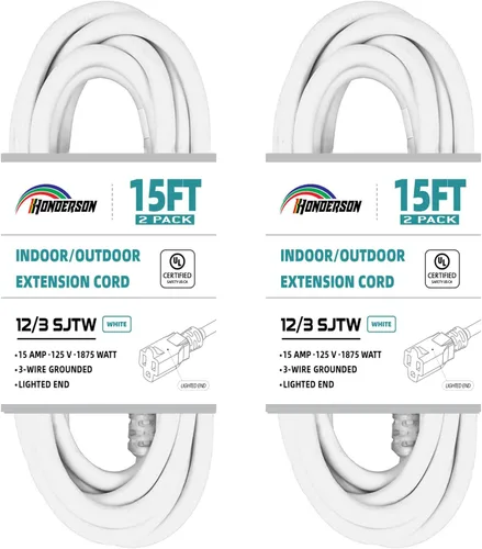Vista 18 de Cable de extensión resistente a la intemperie con extremo iluminado, certificado UL, calibre 10, 3 pies, color blanco, 3 clavijas, resistente, cable