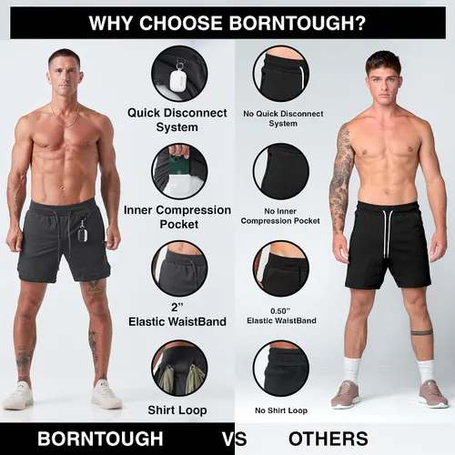 Vista 4 de Born Tough Pantalones cortos de entrenamiento 2 en 1 para hombre, pantalones cortos de gimnasio con entrepierna de 7 pulgadas, pantalones cortos