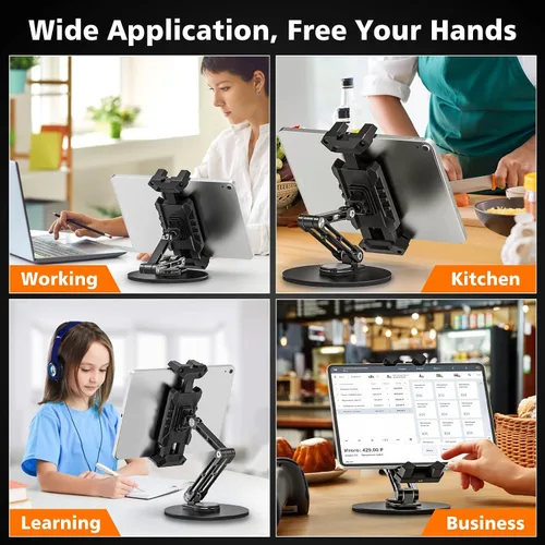 Vista 7 de Soporte para iPad, soporte de escritorio para tableta, oficina, cocina, dormitorio, base giratoria de 360°, ajustable, plegable, soporte