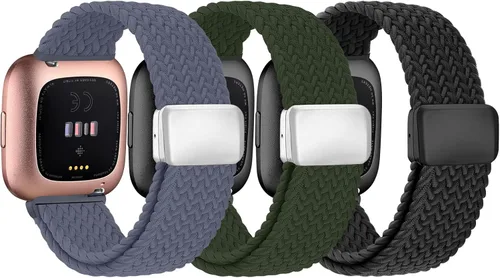 Vista 14 de Paquete de 8 bandas elásticas compatibles con Fitbit Versa 2/Lite/SE para mujeres y hombres, correa trenzada de nailon elástico ajustable Solo Loop