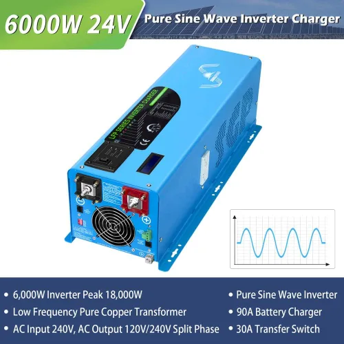 Vista 2 de SUNGOLDPOWER - Cargador inversor de 6000 W, entrada de 24 V CC y 240 VCA, salida de CA de 120 V/240 V de fase dividida, baja frecuencia, pico
