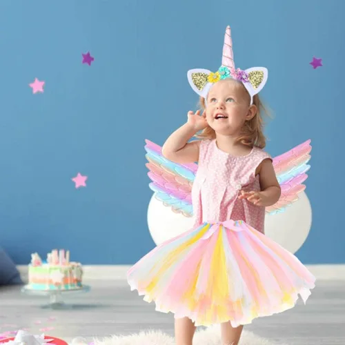 Vista 5 de Enfudid Disfraz de unicornio de princesa para niñas pequeñas, los disfraces de unicornio incluyen falda de malla, diadema de unicornio y ala de ángel