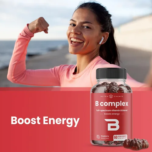 Vista 2 de NutraChamps Gomitas de complejo de vitamina B, gomitas de vitamina B aumentan la energía, vitaminas del complejo B B1, B2 (riboflavina), B3