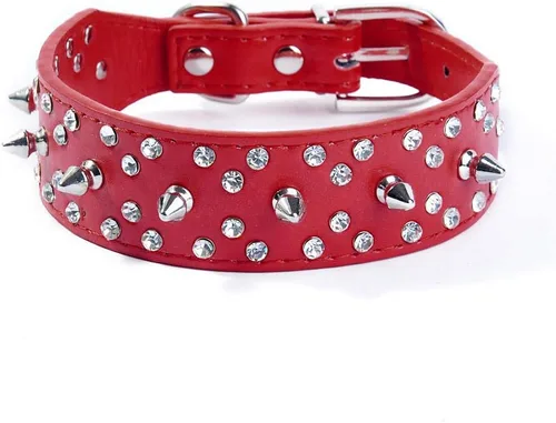 Vista 8 de Collar de perro de piel sintética con diamantes de imitación, suave y ajustable para perros medianos y grandes (S, negro)