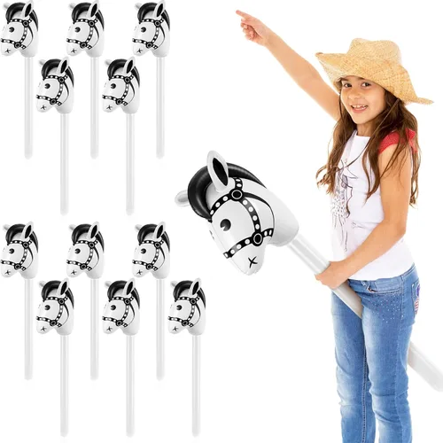 Vista 13 de Chivao 12 piezas inflables de palo de caballo linda cabeza de caballo, globo inflable colorido vaquero vaquera decoración de fiesta para fiesta Negro