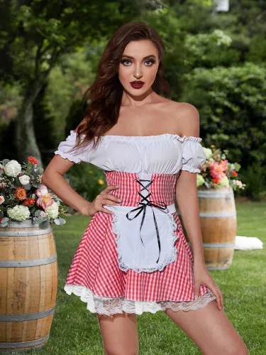 Vista 7 de JMwapar Disfraces de Oktoberfest para mujer, disfraces sexys de Halloween, cosplay, disfraz de sirvienta para cerveza alemana, vestido de Oktoberfest