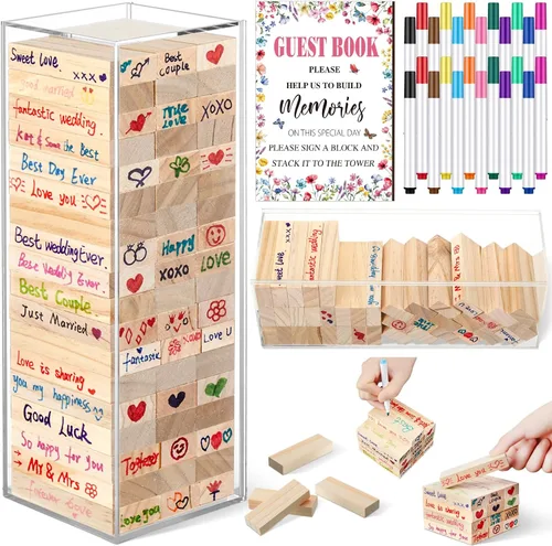 Vista 9 de Beeveer 80 piezas Libro de invitados para boda alternativo en bloque de madera para cartel de boda, decoración de despedida de soltera, 54 piezas