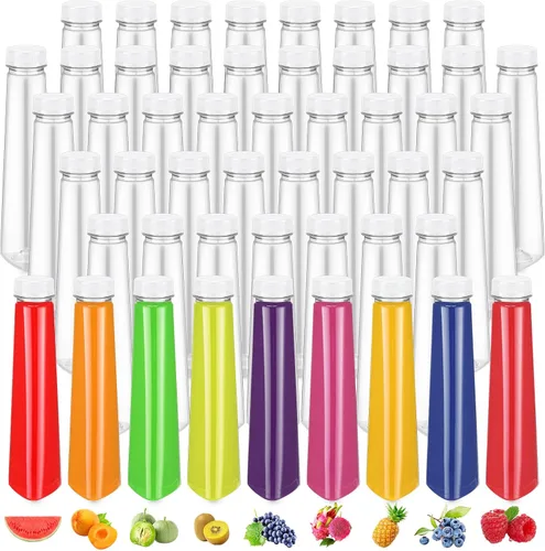 Vista 8 de Tanlade Paquete de 50 botellas de plástico para jugos de 12 onzas, botellas transparentes para bebidas con tapas a prueba de manipulaciones Negro