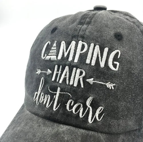 Vista 2 de Gorra de béisbol bordada para acampar con texto en inglés "Don't Care", ajustable, para mujeres y hombres