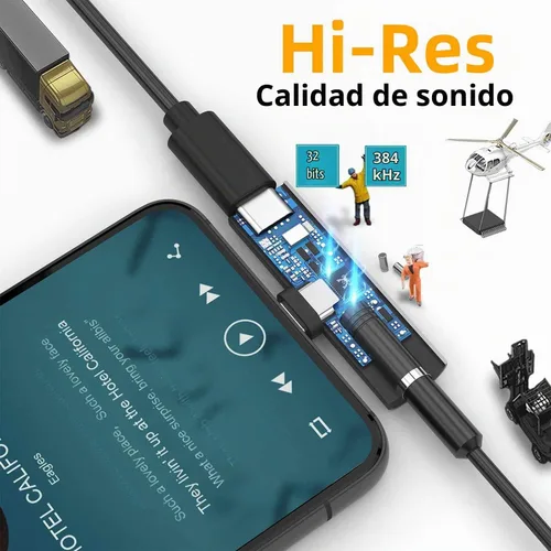 Vista 5 de Adaptador de auriculares USB C, adaptador 2 en 1 de USB C a conector de auriculares de 3,5 mm HiFi DAC con adaptador dongle de carga rápida de 27W
