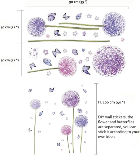Vista 4 de Runtoo Calcomanías de pared de flores de diente de león, mariposa, calcomanías de pared para dormitorio, sala de estar, decoración de pared Flor